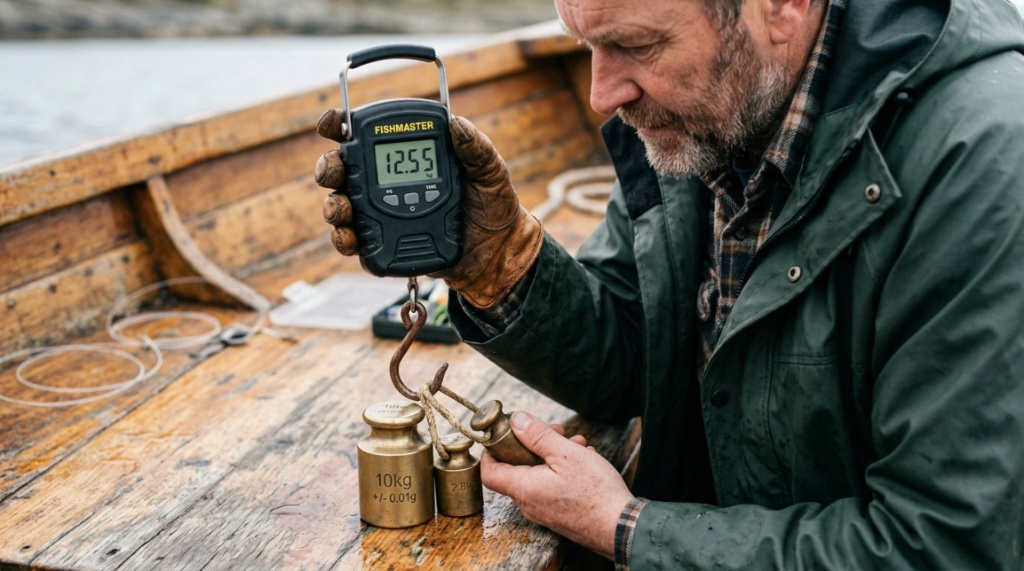 Angler testing digital scale accuracy with calibration weights.
