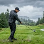 Golfer in waterproof rain jacket swinging a club on a wet course.