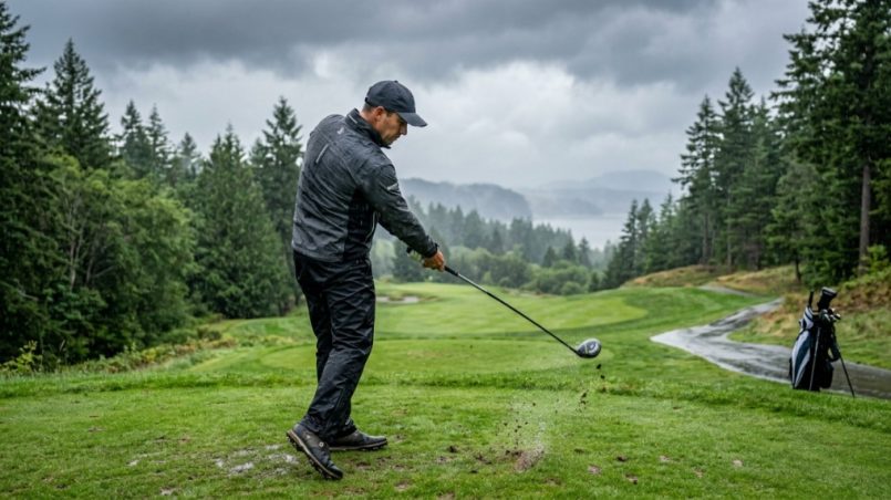 Golfer in waterproof rain jacket swinging a club on a wet course.
