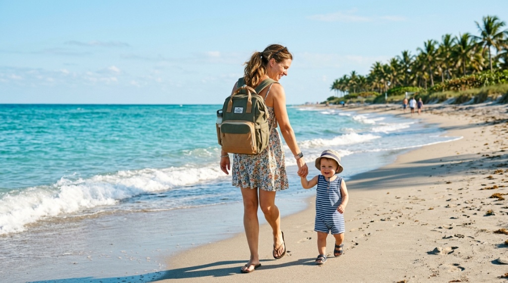 Mother carrying ergonomic diaper bag backpack along sunny Florida coastline.