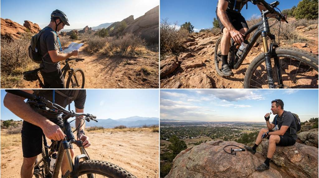 Mountain biker preparing gear before a Colorado trail ride