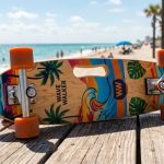 Portable skateboard with built-in handle resting on sunny Florida boardwalk.