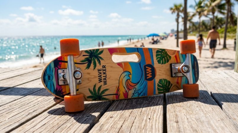 Portable skateboard with built-in handle resting on sunny Florida boardwalk.