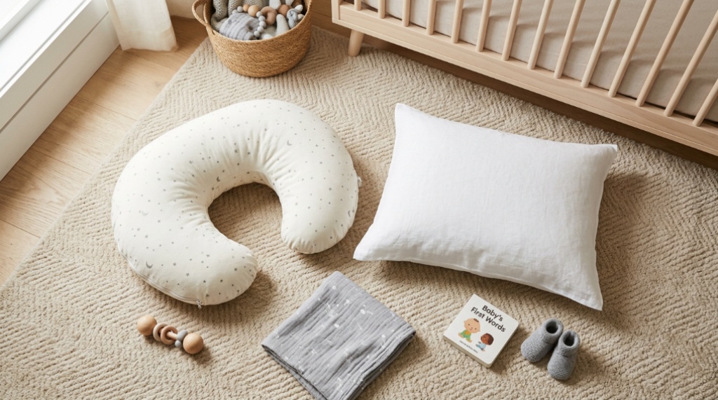 Mother feeding baby using an ergonomic curved nursing pillow on a sofa.