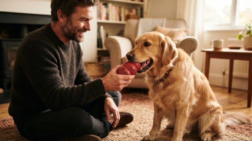 A man gives a durable rubber chew toy to a Golden Retriever indoors.