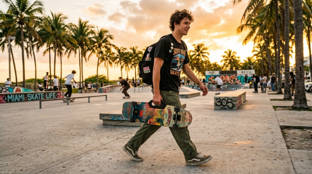 Skater carrying a handled board near palm trees in Miami.